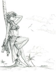 Size: 1000x1294 | Tagged: safe, artist:baron engel, tree hugger, anthro, bird, earth pony, unguligrade anthro, beach, bikini, bottle, clothes, colored hooves, grayscale, monochrome, palm tree, pencil drawing, solo, stupid sexy tree hugger, swimsuit, traditional art, tree