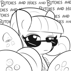 Size: 1152x1152 | Tagged: safe, artist:tjpones, derpibooru import, limestone pie, marble pie, maud pie, pinkie pie, earth pony, pony, ass up, balloonbutt, bling, butt, butts everywhere, chains, female, grayscale, jewelry, looking at you, mare, monochrome, necklace, pie sisters, plot, siblings, simple background, sisters, sunglasses, vulgar, white background