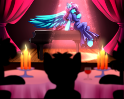 Size: 5555x4444 | Tagged: safe, artist:airiniblock, oc, oc only, oc:swing time, pegasus, semi-anthro, absurd resolution, audience, candle, clothes, commission, dress, fire, glass, large wings, piano, rcf community, silhouette, sitting, spotlight, stage, table, wine glass, wings