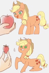 Size: 591x874 | Tagged: safe, artist:yakieringi014, derpibooru import, applejack, earth pony, pony, apple, do not want, female, food, mare, strawberry, that pony sure does hate strawberries, want