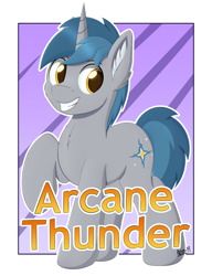 Size: 2588x3372 | Tagged: safe, artist:arcane-thunder, oc, oc:arcane thunder, pony, unicorn, abstract background, badge, con badge, ear fluff, male, simple background, solo, stallion