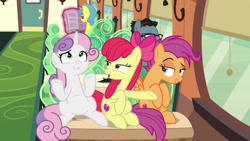 Size: 1920x1080 | Tagged: safe, screencap, apple bloom, lemon hearts, scootaloo, sweetie belle, pony, growing up is hard to do, belly, cropped, cutie mark, cutie mark crusaders, friendship express, lidded eyes, looking at each other, older, older apple bloom, older cmc, older scootaloo, older sweetie belle, raised eyebrow, sitting, smiling, smirk, the cmc's cutie marks, train, trio focus