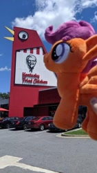 Size: 360x640 | Tagged: safe, scootaloo, bird, chicken, pegasus, pony, female, foal, georgia, kfc, photo, plushie, scootachicken, the big chicken