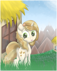 Size: 4000x5000 | Tagged: safe, artist:thevintagepone, sweet biscuit, pony, unicorn, cute, female, grass, houses, looking at you, looking back, looking back at you, mare, mountain, mountain range, solo, tongue out