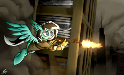 Size: 1780x1080 | Tagged: safe, artist:thepascaal, oc, oc only, hippogriff, pony, fallout equestria, cloud, cloudy, dashite, fanfic, fanfic art, female, flying, fn fal, gritted teeth, gun, hooves, male, mare, shooting, solo, spread wings, stallion, weapon, wings