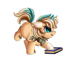 Size: 2430x1876 | Tagged: safe, artist:pridark, oc, oc only, oc:sun light, pony, unicorn, bandana, book, chest fluff, commission, female, filly, magic, simple background, socks (coat marking), solo, tongue out, transparent background