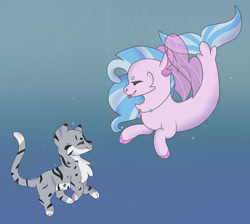 Size: 1024x918 | Tagged: safe, artist:lazyy-llama, silverstream, cat, seapony (g4), :p, beanbrows, cheek fluff, chest fluff, crossover, cute, diastreamies, duo, eyebrows, eyes closed, female, namesake, profile, seapony silverstream, silverstream (warriors), tongue out, underwater, warrior cats