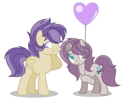 Size: 1720x1374 | Tagged: safe, artist:browniepawyt, oc, oc only, oc:amethyst, oc:elijah, pegasus, pony, unicorn, balloon, base used, colored pupils, female, magical lesbian spawn, male, mare, oc x oc, offspring, offspring shipping, parent:angel wings, parent:petunia paleo, parent:rarity, parent:scootaloo, shipping, stallion