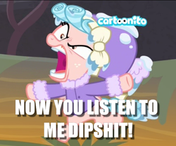 Size: 600x500 | Tagged: safe, edit, edited screencap, screencap, cozy glow, pegasus, pony, frenemies (episode), angry, brat, caption, cozy glow is best facemaker, dipshit, female, filly, image macro, text, vulgar, yelling