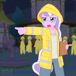 Size: 1000x1000 | Tagged: safe, artist:phallen1, diamond tiara, anthro, earth pony, atg 2019, background pony, clipboard, glasses, leadership, mayor, newbie artist training grounds, night, older, pointing, ponyville, raincoat, storm