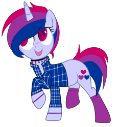 Size: 2752x2952 | Tagged: safe, artist:rukemon, artist:teepew, oc, oc only, oc:indigo hearts, pony, unicorn, base used, choker, clothes, commission, femboy, flannel, male, multicolored hair, open mouth, raised hoof, raised leg, simple background, socks, stallion, transparent background, wristband