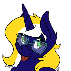 Size: 1440x1440 | Tagged: safe, artist:splattertank, oc, oc only, oc:time vortex (th3bluerose), alicorn, pony, :p, alicorn oc, glasses, silly, tongue out