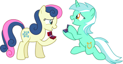 Size: 7948x4143 | Tagged: safe, artist:digimonlover101, bon bon, lyra heartstrings, sweetie drops, pony, the big mac question, absurd resolution, engagement ring, female, lesbian, looking at each other, lyrabon, marriage proposal, shipping, simple background, smiling, transparent background, vector