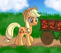 Size: 1614x1429 | Tagged: safe, artist:platinumdrop, derpibooru import, applejack, earth pony, pony, apple, cart, female, food, grass, mare, solo