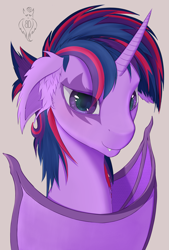 Size: 2233x3296 | Tagged: safe, artist:batsdisaster, twilight sparkle, alicorn, bat pony, pony, alternate hairstyle, bat wings, female, punklight sparkle, wings