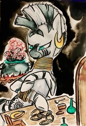 Size: 737x1085 | Tagged: safe, artist:colorsceempainting, zecora, zebra, cauldron, inktober, inktober 2019, jewelry, ring, solo, traditional art