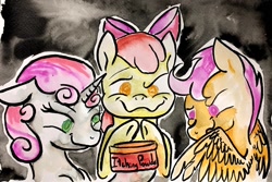 Size: 1024x686 | Tagged: safe, artist:colorsceempainting, apple bloom, scootaloo, sweetie belle, pony, cutie mark crusaders, female, filly, inktober, inktober 2019, mindless, traditional art