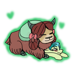 Size: 1280x1280 | Tagged: safe, artist:musicsketcher329, sandbar, yona, earth pony, pony, yak, she's all yak, blushing, bow, cloven hooves, cuddling, cute, eyes closed, female, floppy ears, hair bow, heart, interspecies, male, monkey swings, obtrusive watermark, on top, prone, sandabetes, shipping, signature, simple background, sitting on, sitting on pony, smiling, straight, stuck, teenager, watermark, wavy mouth, white background, yonabar, yonadorable