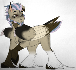 Size: 1947x1781 | Tagged: safe, artist:theecchiqueen, oc, oc only, oc:calypso orchid, bat pony, hybrid, pegasus, pony, bat pony oc, facial hair, fangs, male, mixed media, simple background, solo, stallion, unshorn fetlocks
