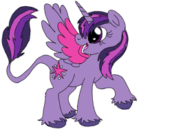 Size: 1024x768 | Tagged: safe, artist:wolfspiritclan, twilight sparkle, twilight sparkle (alicorn), alicorn, pony, alternate design, colored wings, leonine tail, redesign, simple background, solo, unshorn fetlocks, white background, wings