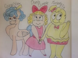 Size: 640x478 | Tagged: artist needed, source needed, useless source url, safe, cozy glow, pegasus, pony, crossover, darla dimple, moriarty pie, photo, traditional art