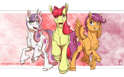 Size: 2000x1240 | Tagged: safe, artist:inuhoshi-to-darkpen, apple bloom, scootaloo, sweetie belle, earth pony, pegasus, pony, unicorn, growing up is hard to do, cheek fluff, chest fluff, cloven hooves, cutie mark, cutie mark crusaders, ear fluff, feathered fetlocks, female, fluffy, hoof fluff, leonine tail, long feather, mare, older, older apple bloom, older cmc, older scootaloo, older sweetie belle, open mouth, raised hoof, spread wings, the cmc's cutie marks, trio, unshorn fetlocks, wings
