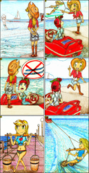 Size: 1192x2316 | Tagged: safe, artist:meiyeezhu, applejack, double diamond, night glider, torque wrench, human, better together, equestria girls, rainbow roadtrip, anime, awesome, boat, boots, bucket, chains, clothes, comic, equestria girls-ified, humanized, kotobukiya, motorboat, ocean, old master q, parody, pier, reference, riding, sailboat, shoes, shorts, skiing, skis, speech bubble, street lamp, stunt, summer, swimsuit, water skiing, wave, yoke