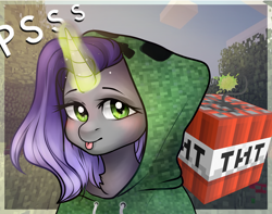 Size: 2380x1880 | Tagged: safe, edit, oc, oc:moonsonat, pony, collaboration, clothes, creeper, cute, dynamite, explosives, glowing horn, hoodie, minecraft, sky, solo, text, tnt, tree