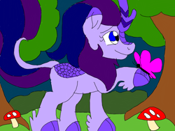 Size: 1024x768 | Tagged: safe, artist:wolfspiritclan, oc, oc only, oc:adean ruby nights, butterfly, kirin, kirin-ified, mushroom, self insert, species swap, toadstool