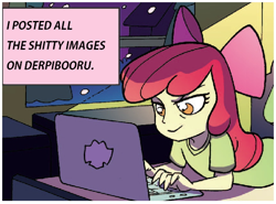 Size: 606x448 | Tagged: safe, edit, idw, apple bloom, equestria girls, anon-a-miss, bow, computer, female, hair bow, laptop computer, meta:shitposting, night, solo, vulgar