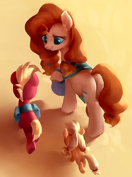 Size: 711x950 | Tagged: safe, artist:luciferamon, derpibooru import, applejack, big macintosh, pear butter, earth pony, pony, brother and sister, colt, colt big macintosh, female, filly, filly applejack, lineless, male, mare, mother and child, mother and daughter, mother and son, parent and child, pigtails, saddle bag, siblings, twintails, wip, younger