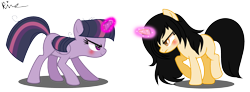 Size: 3012x1104 | Tagged: safe, artist:princessrainbowdream, artist:xxkawailloverchanxx, mean twilight sparkle, oc, oc:meriella, pony, unicorn, the mean 6, base used, blushing, glowing horn, horn, simple background, transparent background