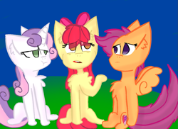 Size: 1189x866 | Tagged: safe, apple bloom, scootaloo, sweetie belle, earth pony, pegasus, pony, unicorn, growing up is hard to do, age progression, blue background, bow, chest fluff, clothes, cutie mark, cutie mark crusaders, ear fluff, female, grass, mare, no pupils, simple background, sitting, spread wings, the cmc's cutie marks, trio, wings, worried