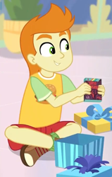 Size: 426x670 | Tagged: safe, screencap, gallop j. fry, better together, equestria girls, holidays unwrapped, clothes, cropped, crossed legs, game, legs, shorts, smiling, tirek's revenge