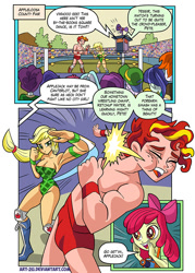 Size: 610x851 | Tagged: safe, artist:art-2u, apple bloom, applejack, oc, oc:ketchup water, comic:sweet home appleloosa wrestling, equestria girls, apple bloom's bow, applerack, armband, armpits, background human, boots, bow, breasts, camera, clothes, comic, hair bow, knee pads, leotard, muscles, shoes, shorts, sports, wrestler, wrestling, wrestling ring, wristband