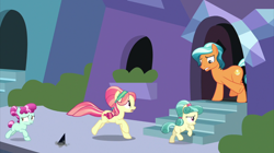 Size: 2100x1178 | Tagged: safe, screencap, cherry valley, citrine nectar, coral shores, golden väs, ruby love, scarlet heart, crystal pony, earth pony, pony, the beginning of the end, background pony, crystal empire, family, female, filly, foal, house, male, mare, quartet, running, scared, stallion