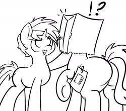 Size: 1700x1500 | Tagged: safe, artist:thecoldsbarn, oc, oc:cold dream, oc:paper bag, pony, butt, fat ass, monochrome, paper bag, plot, sketch