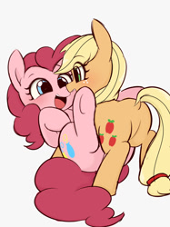 Size: 1024x1366 | Tagged: safe, artist:manachaaaaaaaa, derpibooru import, applejack, pinkie pie, earth pony, pony, applepie, balloonbutt, butt, dock, eye contact, female, lesbian, looking at each other, mare, on back, open mouth, plot, shipping, simple background, smiling, underhoof, white background