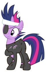 Size: 2000x3048 | Tagged: safe, artist:jourple, twilight sparkle, unicorn twilight, pony, unicorn, it's about time, bandana, clothes, eyepatch, female, frown, future twilight, high res, mare, raised hoof, simple background, solo, torn clothes, transparent background, vector