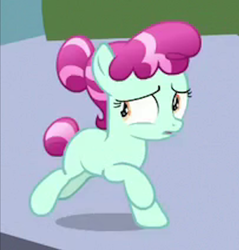 Size: 440x461 | Tagged: safe, screencap, cherry valley, crystal pony, pony, the beginning of the end, background pony, blank flank, female, filly, foal, looking back, running, solo