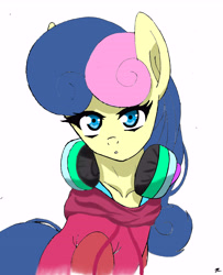 Size: 7000x8600 | Tagged: safe, artist:brekrofmadness, bon bon, sweetie drops, pony, absurd resolution, clothes, headphones, hoodie, looking at you, signature, simple background, solo