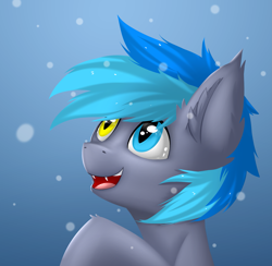 Size: 1907x1858 | Tagged: safe, artist:snowstormbat, oc, oc:midnight snowstorm, bat pony, pony, ear tufts, fangs, heterochromia, simple background, snow, solo