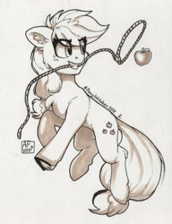 Size: 2687x3500 | Tagged: safe, artist:airfly-pony, derpibooru import, applejack, earth pony, pony, apple, cheek fluff, chest fluff, ear fluff, eye clipping through hair, female, food, grayscale, inktober, inktober 2019, lasso, leg fluff, mare, monochrome, mouth hold, rope, solo, traditional art