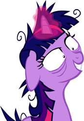 Size: 431x623 | Tagged: safe, artist:rhubarb-leaf, twilight sparkle, unicorn twilight, pony, unicorn, lesson zero, aura, bust, female, floppy ears, insanity, magic, magic aura, mare, messy mane, simple background, smiling, solo, transparent background, twilight snapple, twilynanas, vector, wide eyes