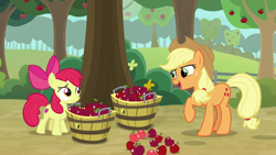 Size: 1920x1080 | Tagged: safe, derpibooru import, screencap, apple bloom, applejack, earth pony, pony, going to seed, apple, apple tree, food, tree