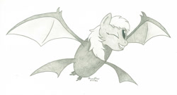 Size: 1024x555 | Tagged: safe, artist:peruserofpieces, bat, hybrid, monster pony, pony, bat wings, crobat, crossover, has magic gone too far?, monster, newbie artist training grounds, one eye closed, pencil drawing, pokémon, pun, simple background, smiling, solo, traditional art, visual pun, wat, what has magic done, what has science done, wings, wink