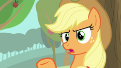 Size: 1920x1080 | Tagged: safe, derpibooru import, screencap, applejack, earth pony, pony, going to seed, apple, apple tree, female, freckles, mare, open mouth, raised hoof, solo, tree