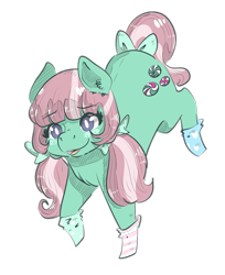 Size: 831x1019 | Tagged: safe, artist:jinbesan, minty, earth pony, pony, g3, bow, clothes, cute, female, hair bow, mare, socks, solo, tail bow, twintails