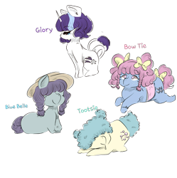 Size: 1471x1479 | Tagged: safe, artist:jinbesan, blue belle, bow tie (g1), glory, tootsie, g1, hair over eyes, hair over face, leonine tail