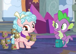 Size: 640x456 | Tagged: safe, screencap, cozy glow, spike, dragon, pegasus, pony, school raze, backpack, cropped, fangs, female, filly, male, winged spike